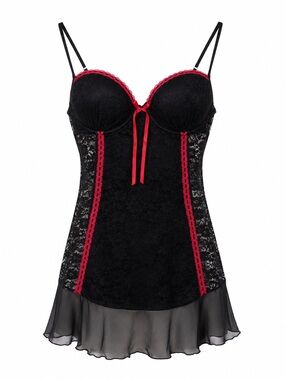 Linea Donatella Black Red Lace Babydoll Lingerie Chemise Size Large